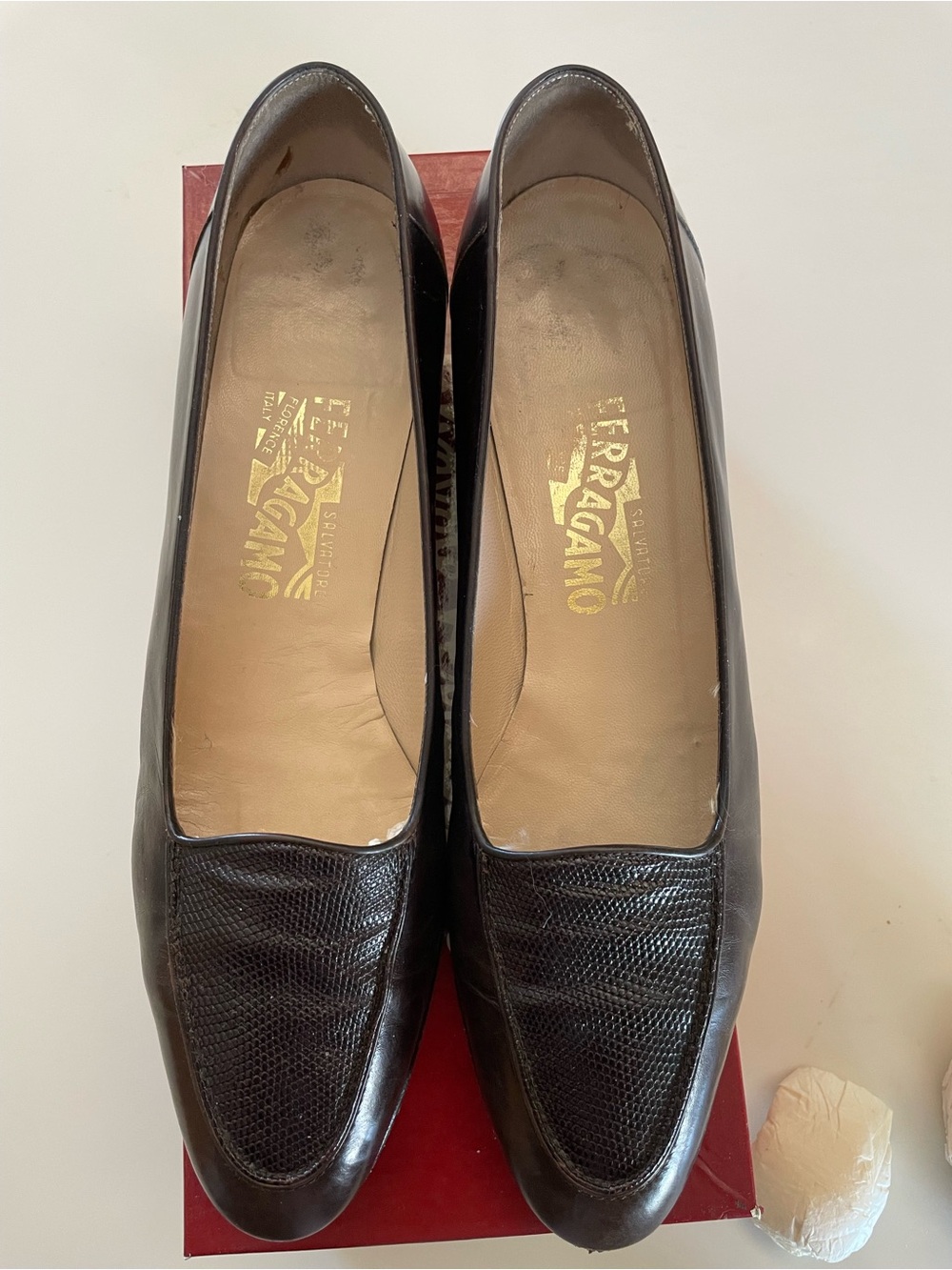Salvatore Ferragamo Dark Brown Leather Loafers with Textured Vamp